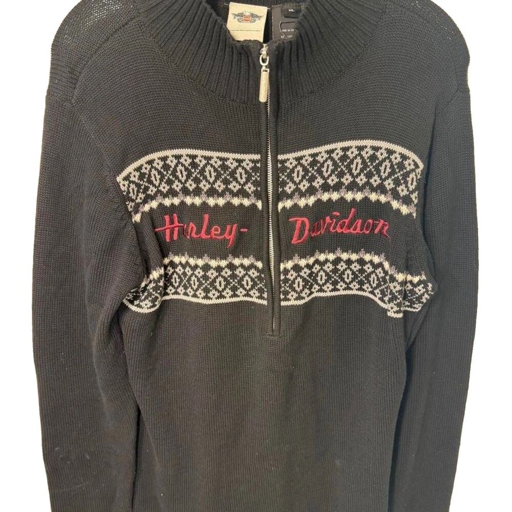 Harley Davidson Women's XL Black Grey Patterned Quarter Zip Pullover NWT